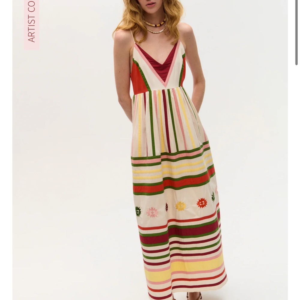 Cream Multi Stripe Floral Maxi Dress with V-Neck